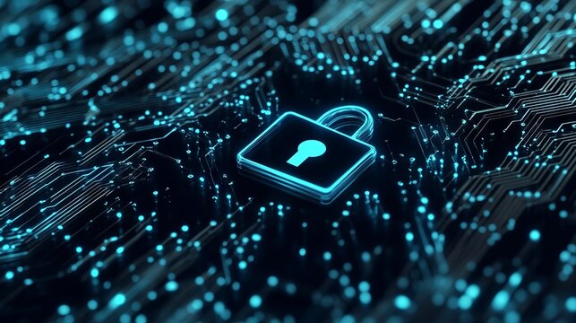 Digital Security Concept with Padlock on Circuit Board Background
