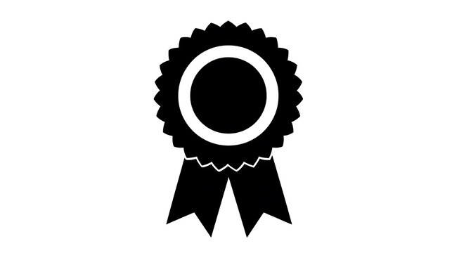 A black and white graphic of a rosette award ribbon with two hanging streamers