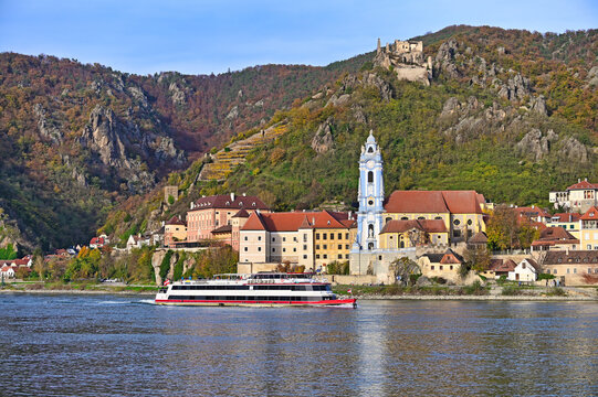 Durnstein Town with Abbey and Castle Ruins on Danube River Austria