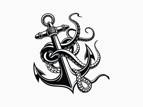 Nautical anchor with kraken octopus tentacles illustration for marine adventure and tattoo.