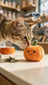 Vertical photo of a tabby cat sniffing a smiling plush pumpkin toy and catnip. Halloween pet supplies in a retail store. Autumn season feline accessories