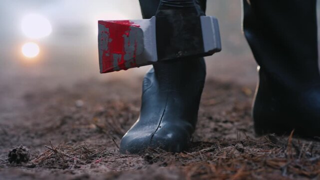Close up of person in black boots holding bloody axe on forest floor with car headlights in background.