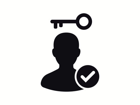 Account access icon with key and checkmark. User authentication vector. Profile security symbol.