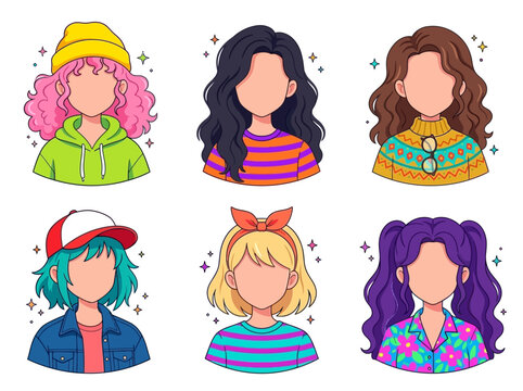 Set of diverse female avatars. Young women portraits with various hairstyles and outfits.