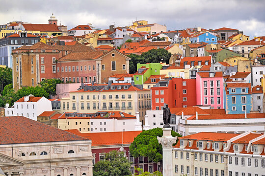 Lisbon Cityscape Overlooking Rossio Square and Column of Pedro IV in Portugal