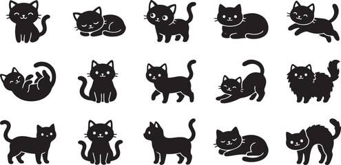 Obraz premium Set of cute black cat icons in various poses and expressions for design projects and stickers