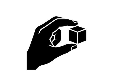 Minimalist hand holding cube vector icon. Black silhouette hand pinching small 3D box. Geometric block logo.
