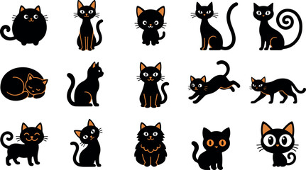 Obraz premium Set of cute hand drawn black cat illustrations for halloween designs and creative projects on white background