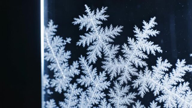Close up of ice crystals forming delicate snowflake patterns, abstract winter background, frost textures, natural fractal design