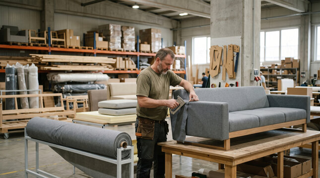 Professional furniture manufacturer makes sofa upholstery in a clean factory warehouse in the workshop