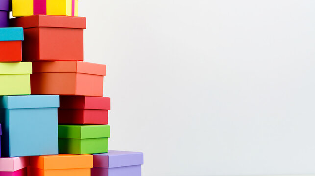 Stack of colorful gift boxes piled on the left side with ample negative space on the right, perfect for celebration, holiday, and birthday concepts.