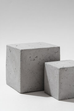 Vertical composition of two concrete cube product display podiums arranged in a stepped formation, captured close-up on a light gray background with open copy space. Studio photography.