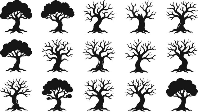 Halloween spooky bare trees and dead branches silhouettes collection vector set