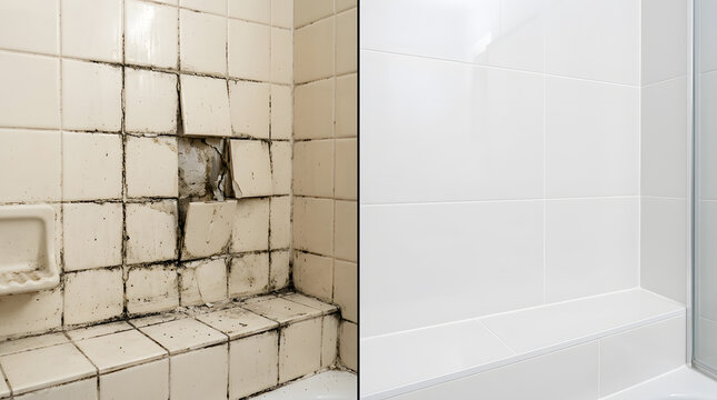bathroom tile renovation before and after | shower repair and mold remediation service | professional home bathroom remodeling project | replacing old cracked bathroom tiles