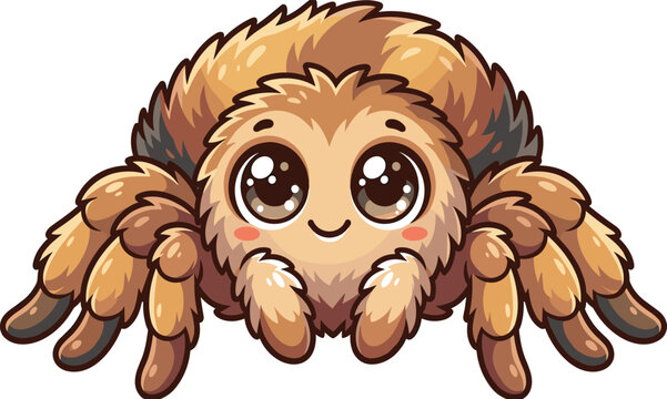 Cute furry cartoon tarantula spider character with big sparkly eyes and smiling face isolated vector illustration on clean white background for Halloween