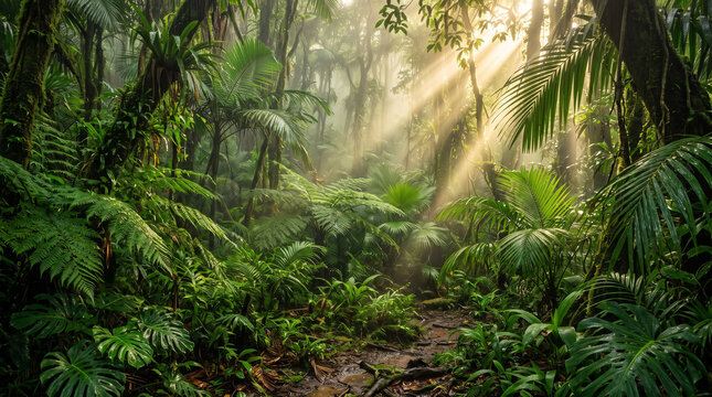 Luxury tropical rainforest wallpaper with dramatic sunlight