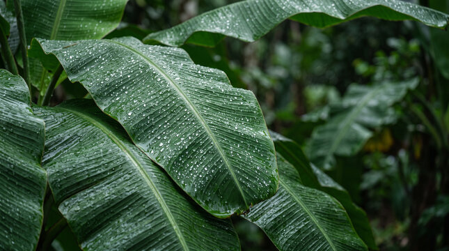 Luxury banana leaf wallpaper with monsoon rain droplets