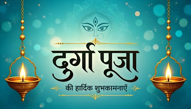 Happy Durga Puja Hindi Greeting Banner with Hanging Oil Lamps on Soft Blue Festive Background