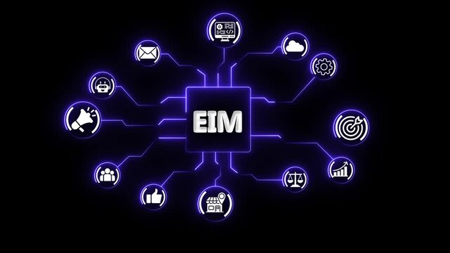 AI EIM Network Diagram with Animated Tech Icons and Glowing Circuit Board Connections animation on the black background.