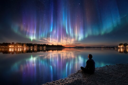 Nighttime view of northern lights illuminating lake with person meditating on shore