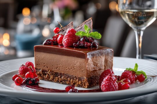 Chocolate dessert with berries and mint on white plate