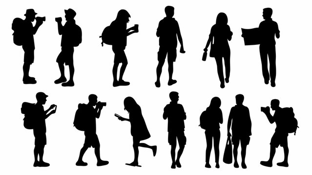Tourists and travelers silhouettes with backpacks and cameras, traveler