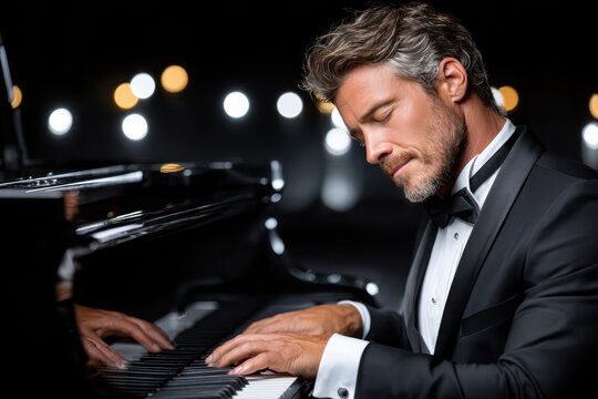 Elegant man playing piano on stage during a formal evening performance