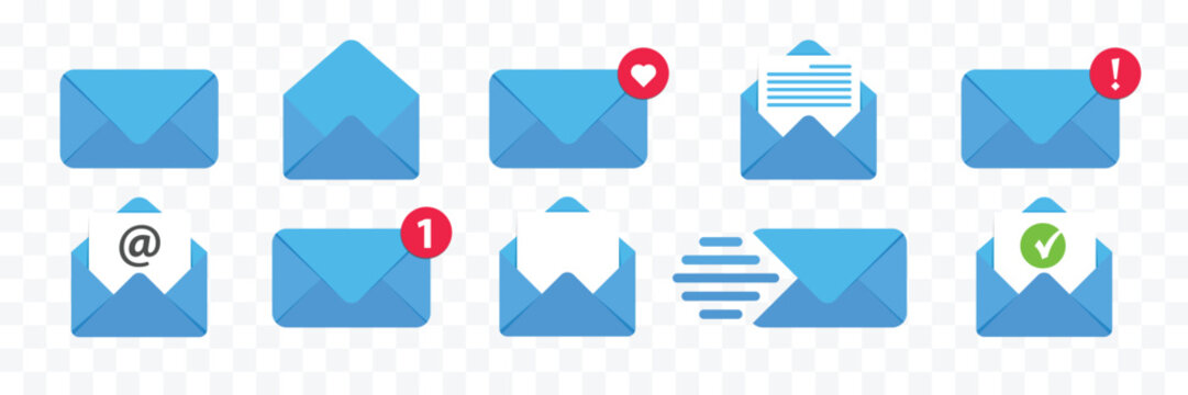 Blue envelope with white letter.new message notification, mail send and receive linear symbols.Open and close letters. Subscribe to newsletter.vector illustration.