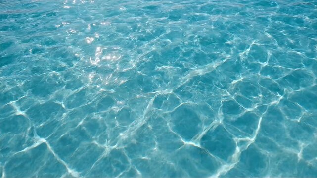 Shimmering blue swimming pool water with sunlight reflections and rippling surface.