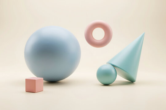 Modern 3D abstract composition with pastel geometric shapes including a large blue sphere pink torus teal cone and small cube on a soft beige background