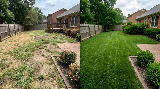 backyard lawn renovation before and after | professional grass landscaping services | fixing patchy dead lawn | lawn care transformation result