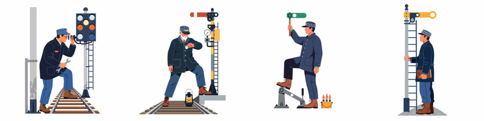 Fototapeta premium Set of illustrations depicting vintage railway workers operating signals, checking watches, and maintaining tracks in classic blue uniforms on white background.