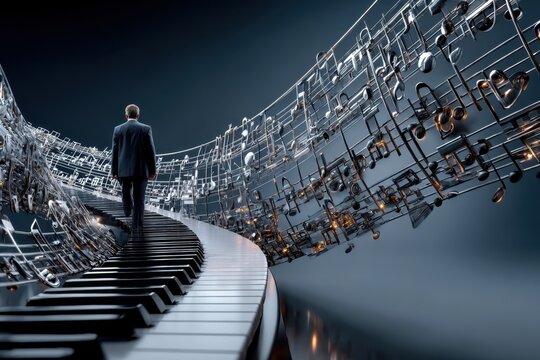 Music notes dance around a man walking on a giant piano in a surreal artistic setting