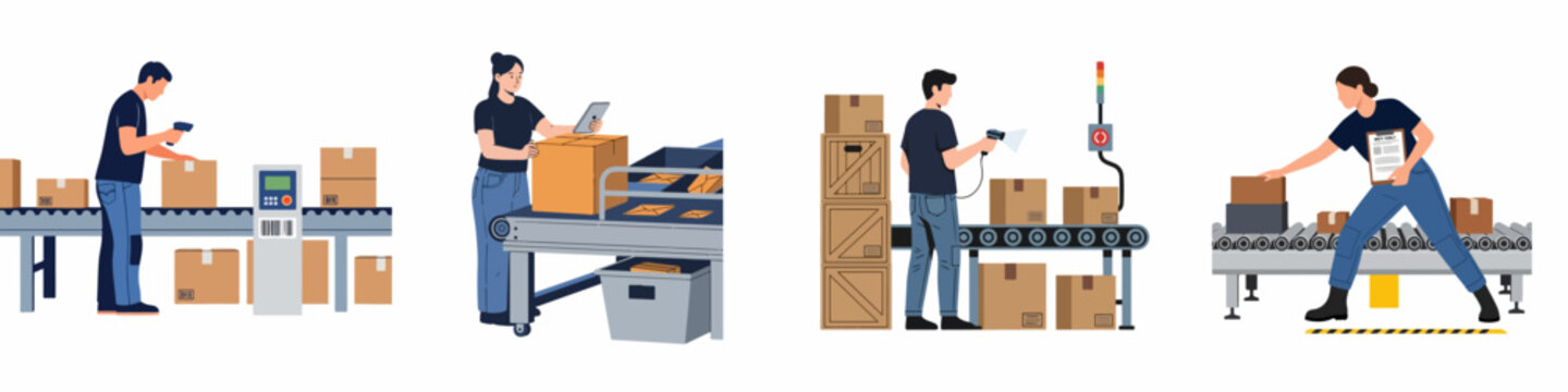 Flat vector illustration set of warehouse workers managing package distribution, scanning boxes, and using digital tools on conveyor belts in a logistics center.