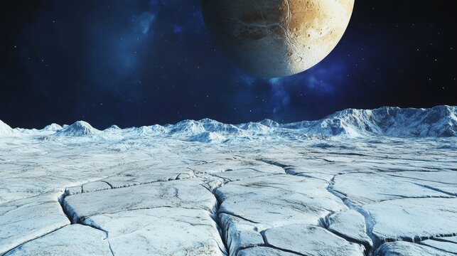 Frozen alien landscape featuring cracked icy surface under giant planet