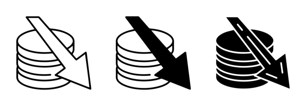 Financial Decline Icons, Stack of Coins Downward Arrow, Economic Crisis Symbols
