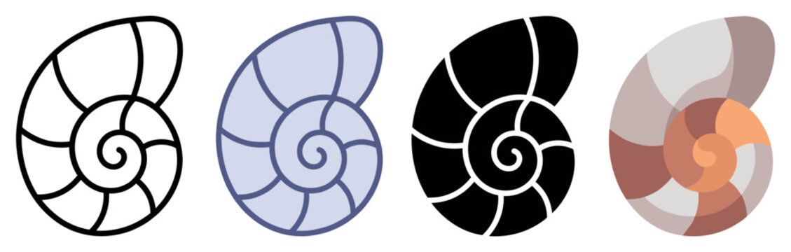 Seashell icons set. Marine life and ocean concept. Includes spiral shell, nautilus shell, snail shell, conch shell, mollusk shell. Flat, line, solid, and color styles