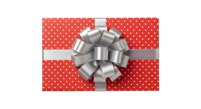 Red gift box with white polka dots and silver bow