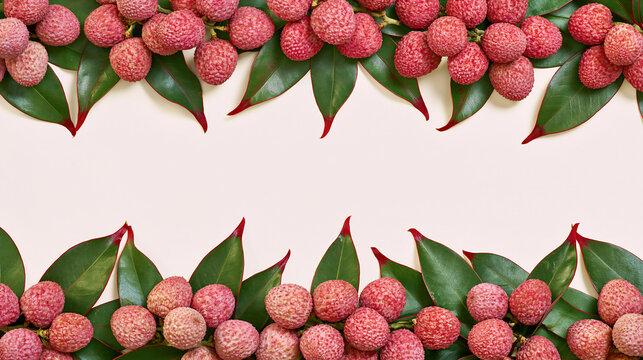 Fresh lychee fruit with green leaves arranged in top and bottom symmetrical borders on a light cream background, exotic tropical sweet fruit flat lay design
