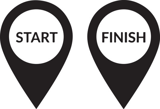 Two black map location pins with white text reading start and finish isolated on a white