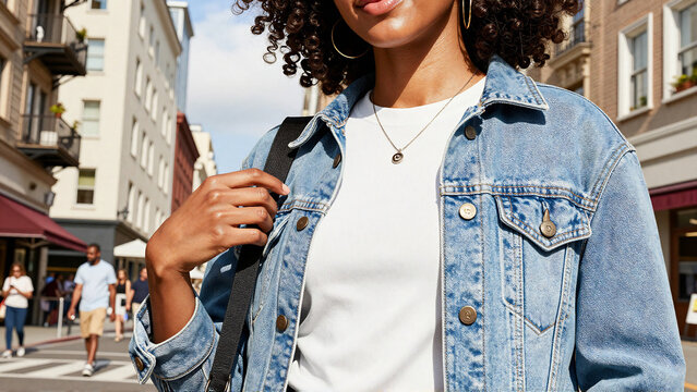 Young stylish woman in casual denim jacket walking in urban city