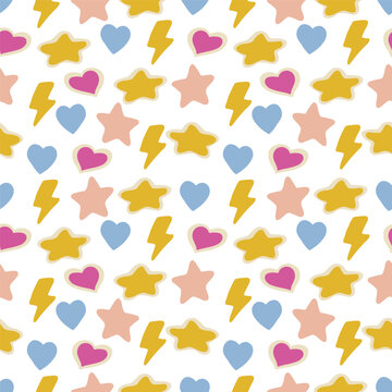 School patterSeamless geometric pattern with pink hearts, yellow stars and zig zag , brightly colorful background for kids.n 4.eps