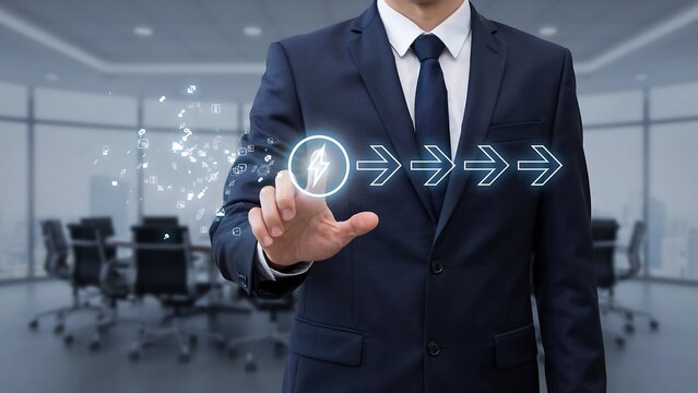 Business concept of progress and development represented by a businessman touching a digital interface with arrows
