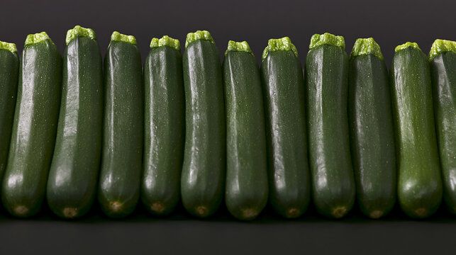 Fresh raw green zucchinis arranged tightly in a row against a dark grey background, highlighting their smooth texture and vibrant color for healthy eating and cooking concepts.