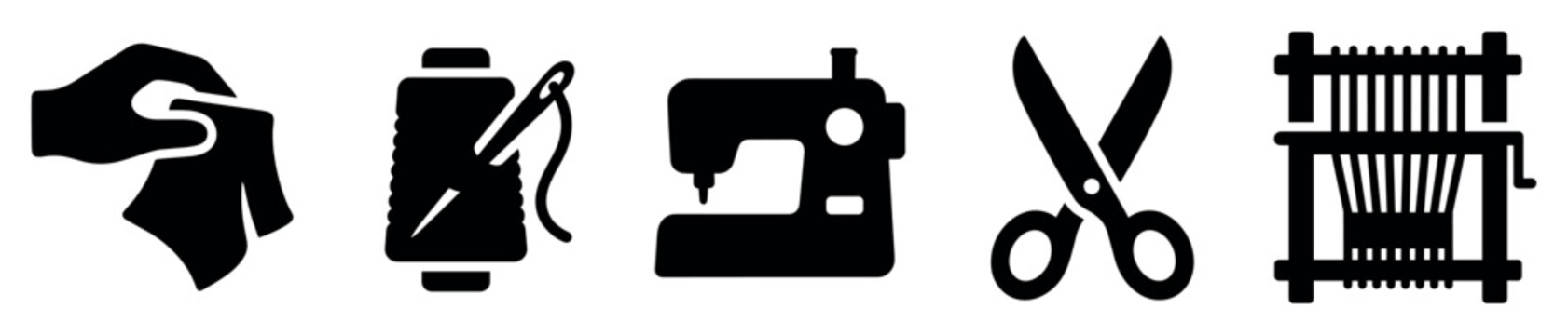 Sewing and weaving icons set. Textile craft and hobby concept. Includes hand with fabric, thread spool with needle, sewing machine, scissors, loom. Solid black silhouette style