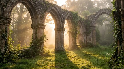 Fototapeta premium Sunlit medieval stone arches in a misty forest setting