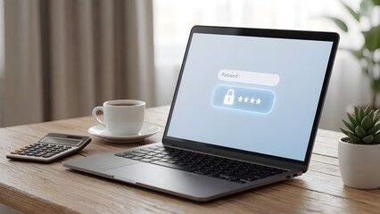 Fototapeta premium Modern laptop showing secure login on sleek wooden desk with coffee and calculator