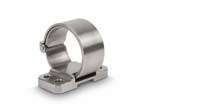 Metal pipe clamp on white background. Industrial steel mounting bracket for plumbing.