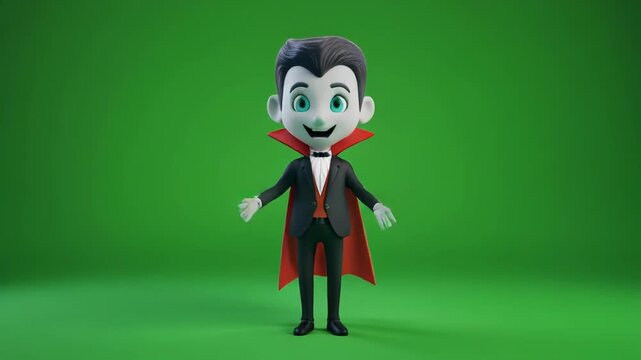Cute Cartoon Vampire Character Dancing with Joy on Green Screen Background