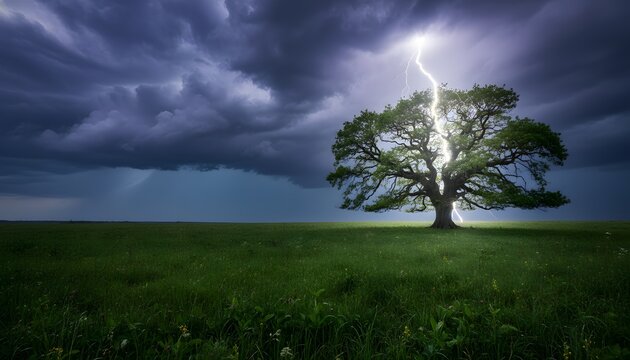 Lightning striking tree in a green field during summer thunderstorms weather for climate change, power of nature, and environmental danger concept